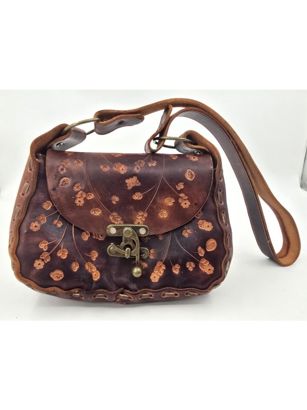 Vintage Tooled Leather Shoulder Bag Unique Floral Boho Hippie Western Purse